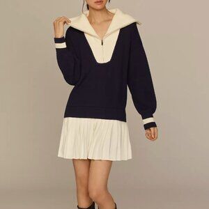 Anthropologie  FLAT WHITE VARSITY SWEATER TWOFER MINI DRESS size XSP NWOT